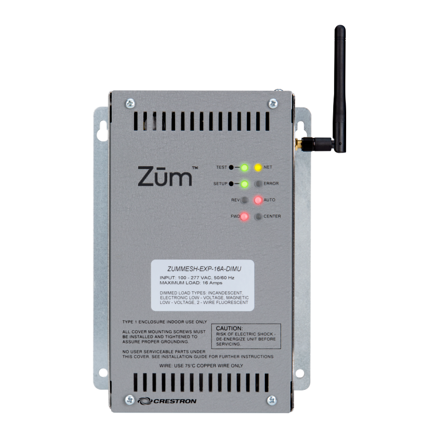 Crestron Zum wireless universal dimmer in a metallic enclosure for lighting loads.