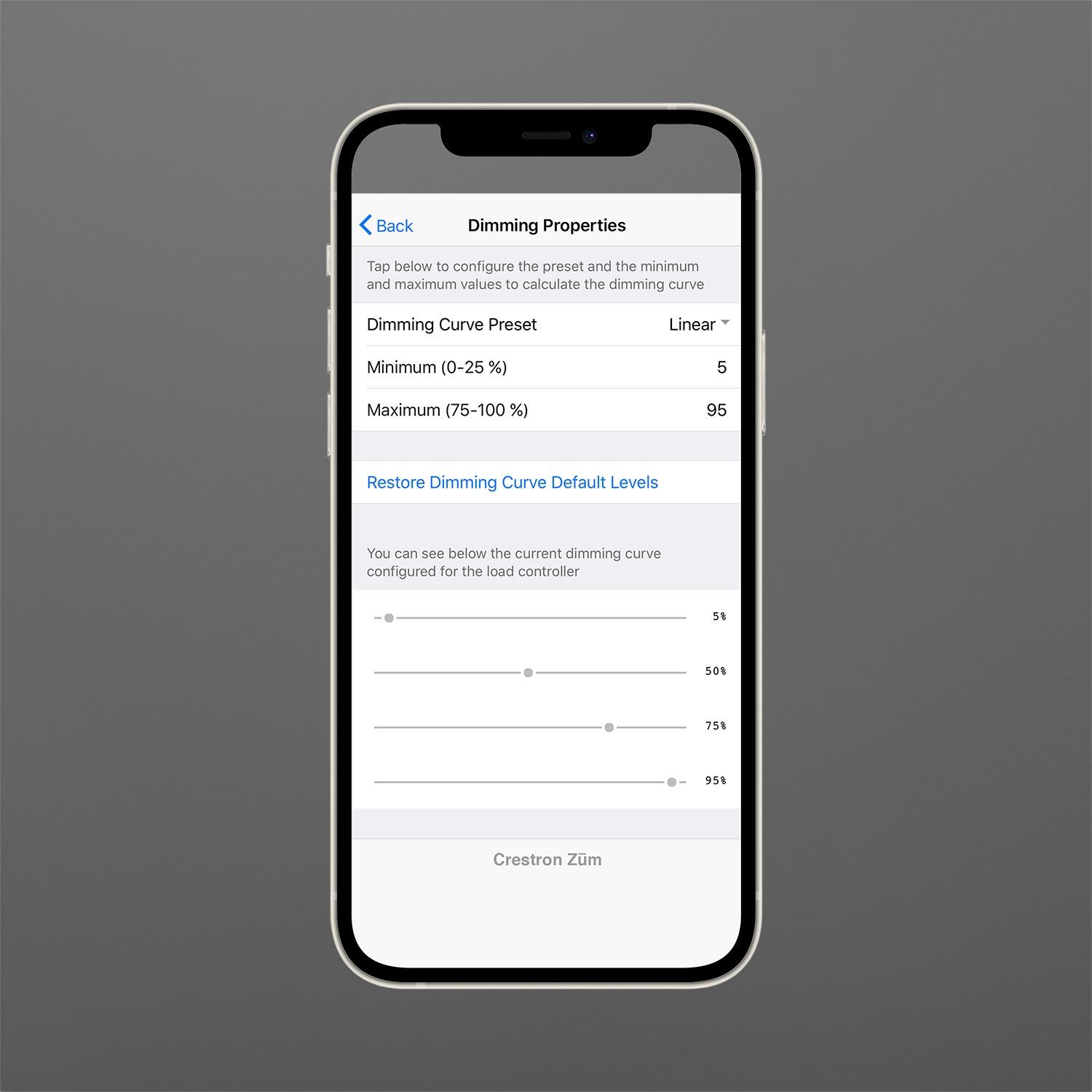 Crestron Zum mobile app for dimming control displayed on a smartphone with dimming options.