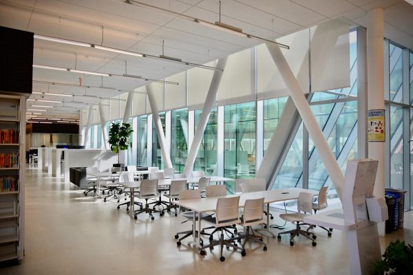 A bright, open office space with modern furniture, large windows, and ample natural light, designed for collaborative work.