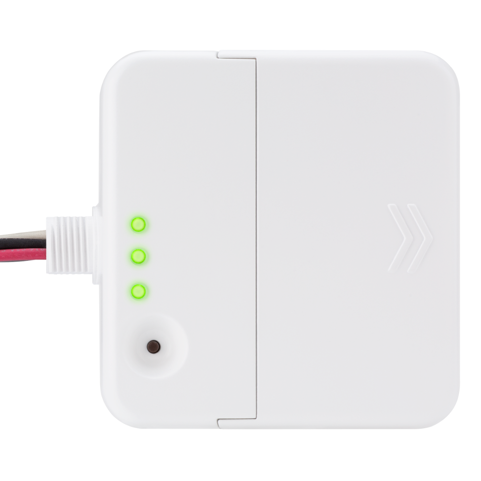 Crestron wireless J-box load controller with green LED indicators for power status.