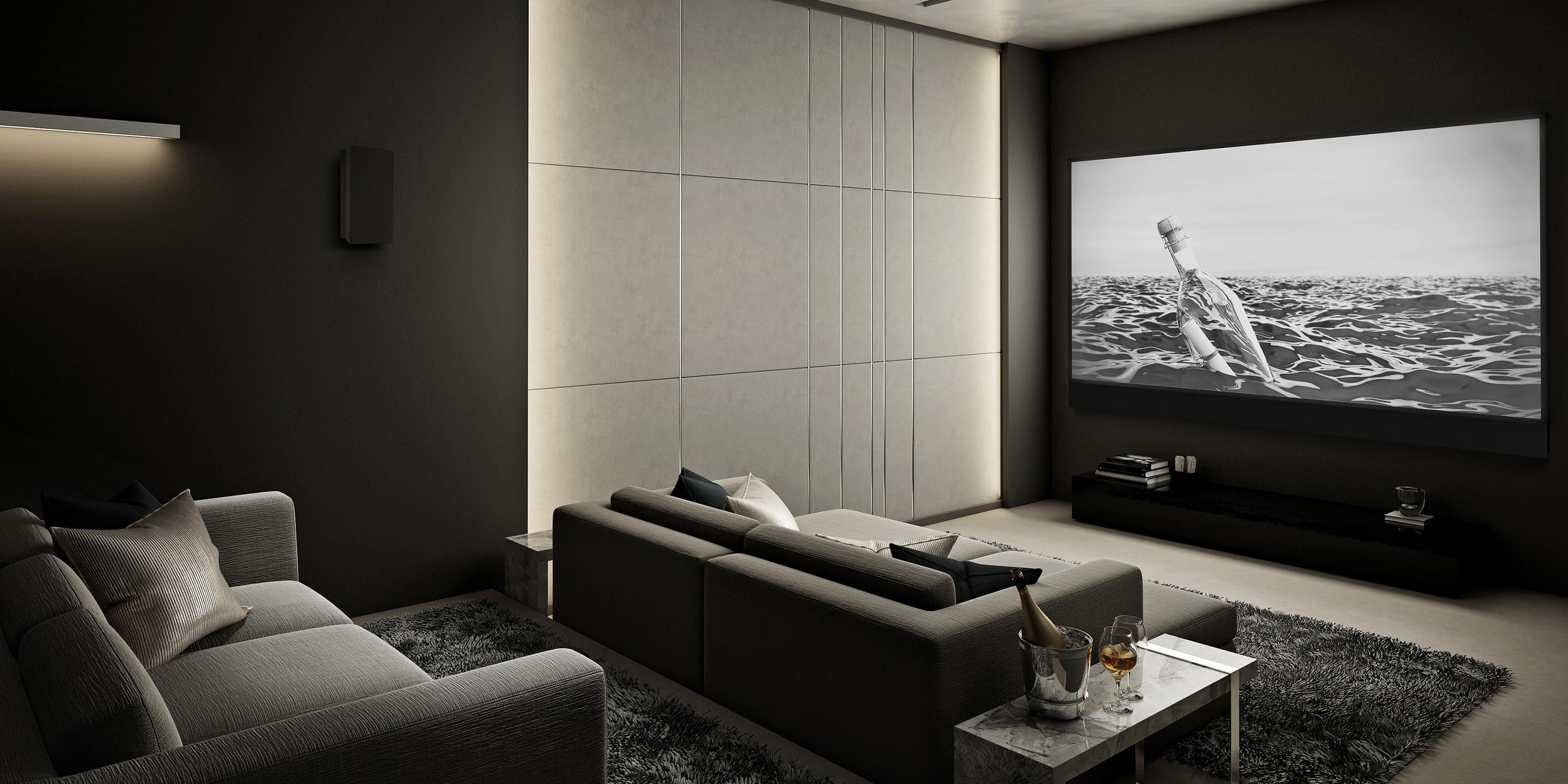 A private home theater with comfortable seating, dim lighting, and a large screen, creating a perfect cinematic experience at home.