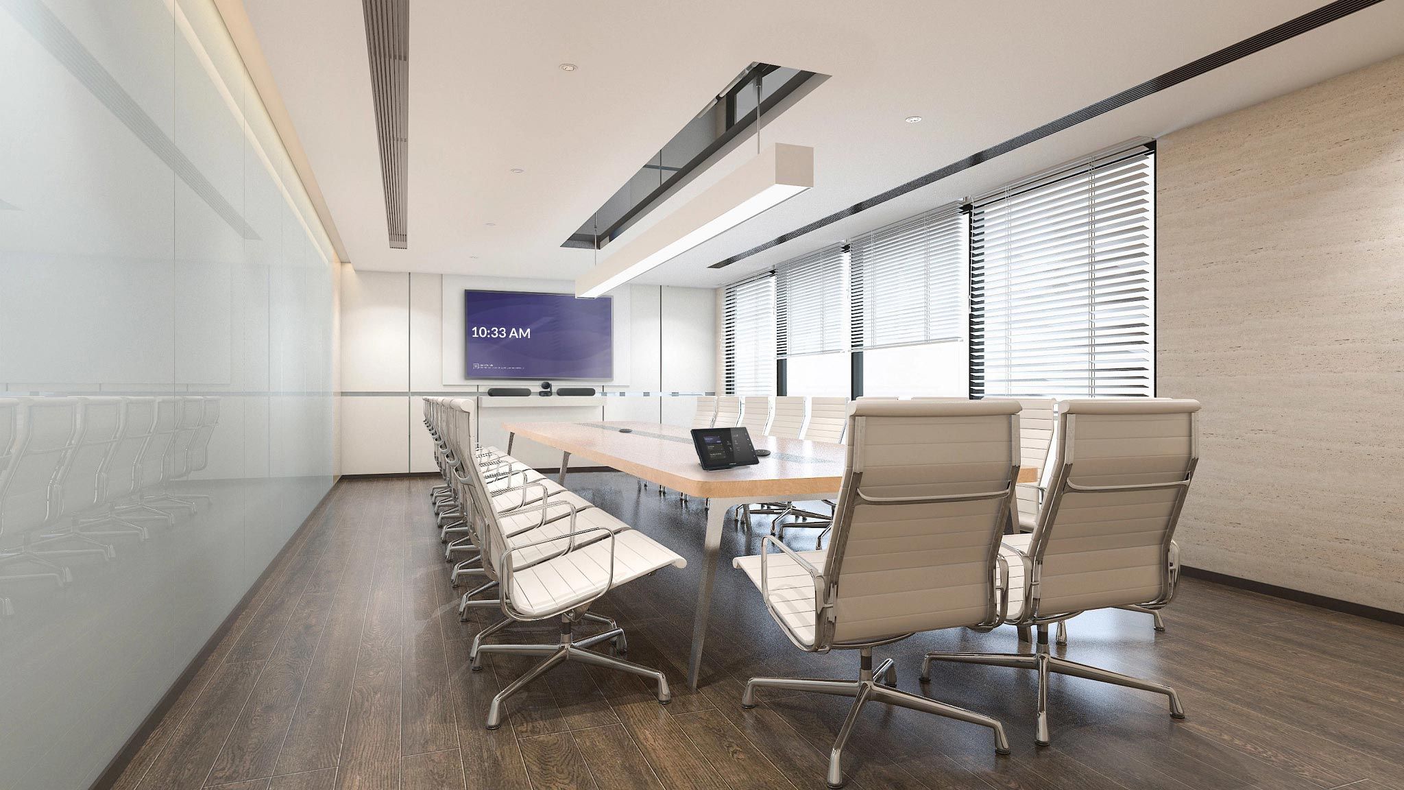 Boardroom with Crestron lighting and AV integration, showcasing automated scheduling systems.