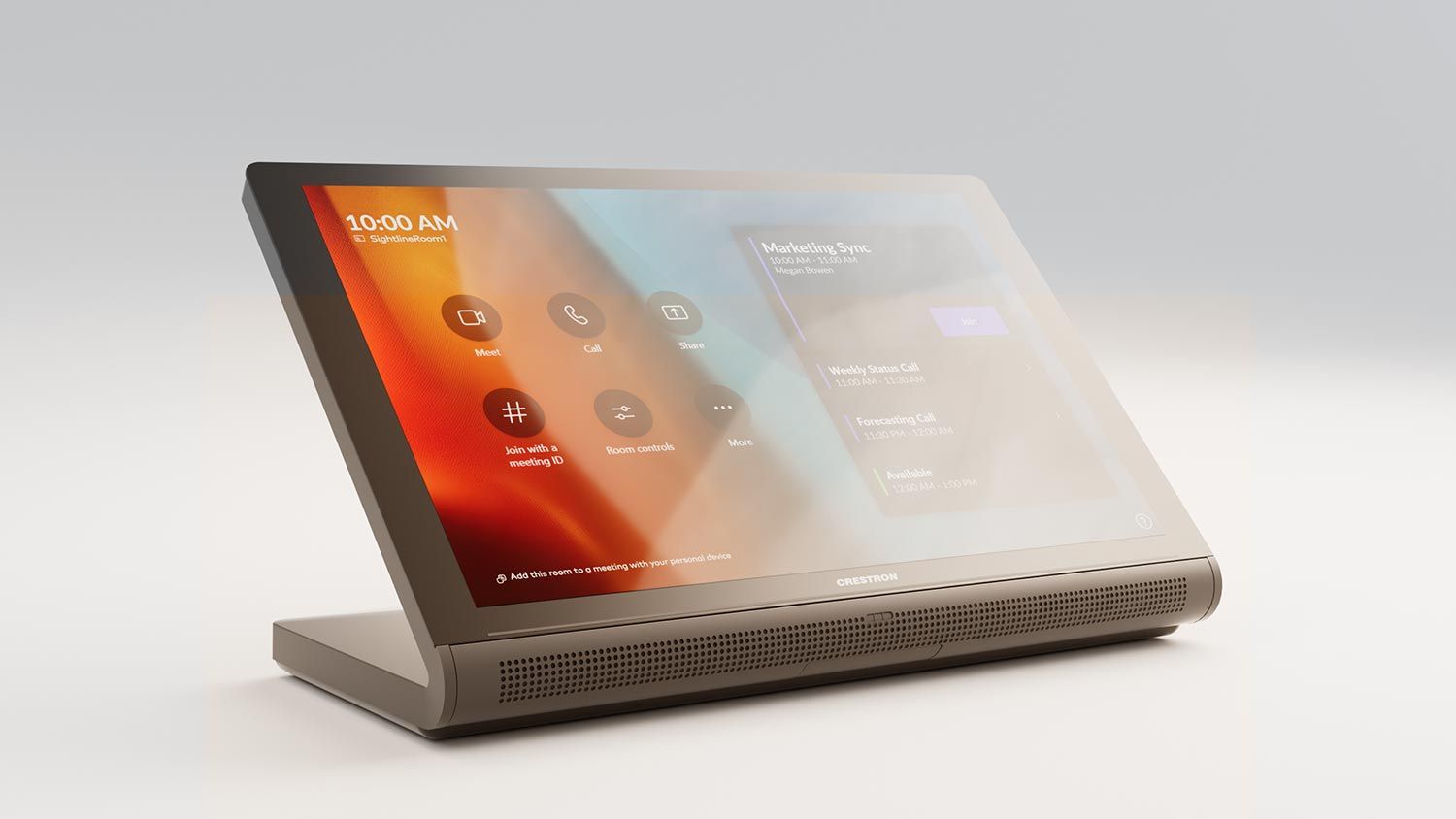 Crestron commercial centralized lighting control system featuring a sleek touchscreen.