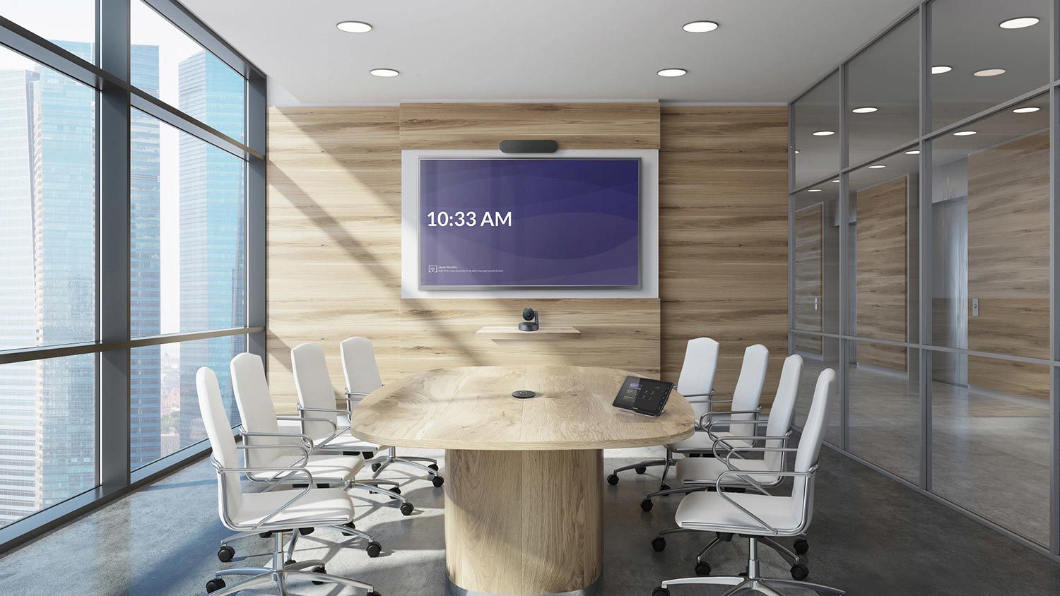 Crestron modern boardroom with integrated lighting and AV control solutions.