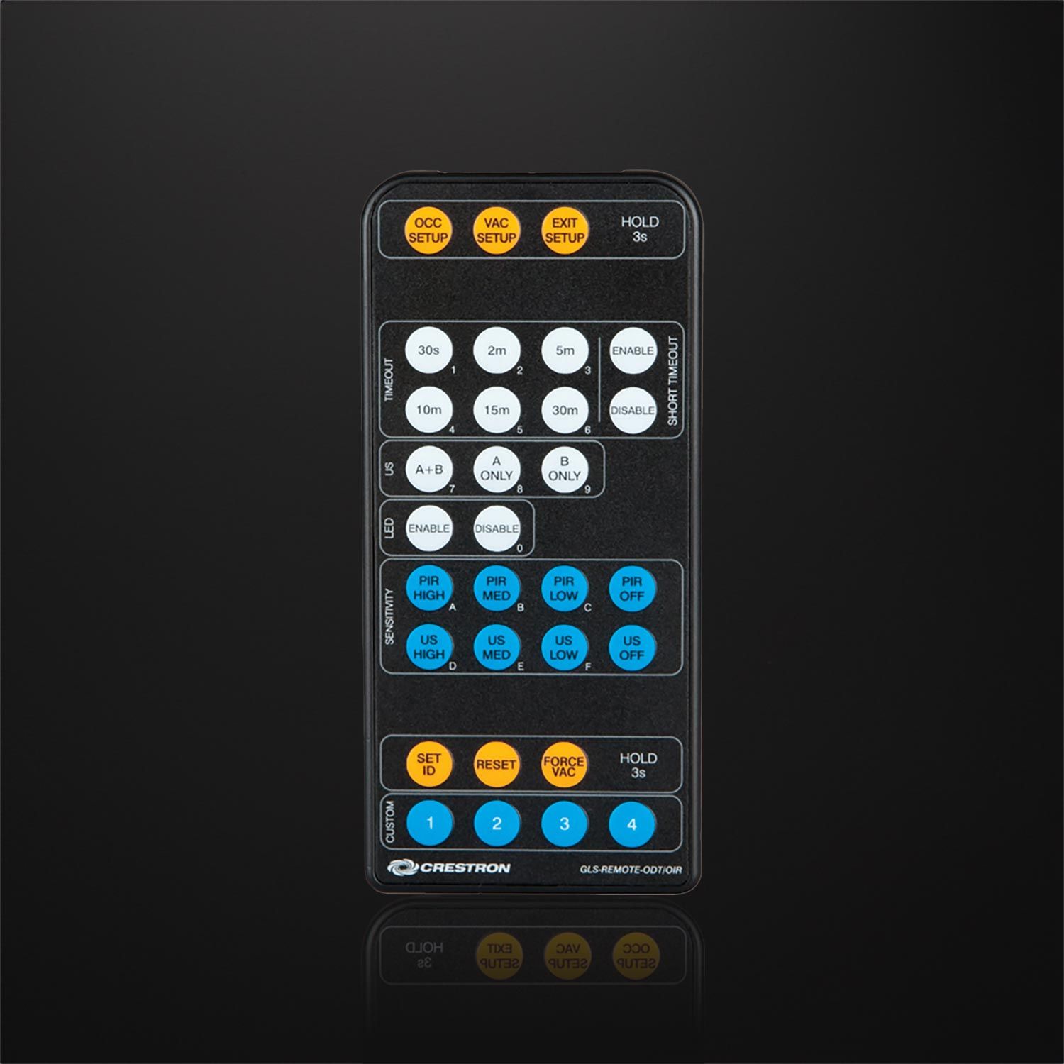 Crestron handheld remote for lighting and occupancy sensor settings with buttons for control.