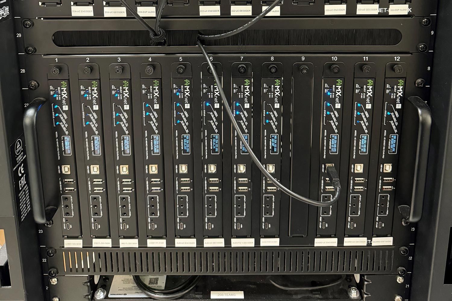 Close-up view of a rack of multiple distribution units, connected and wired for data transfer.