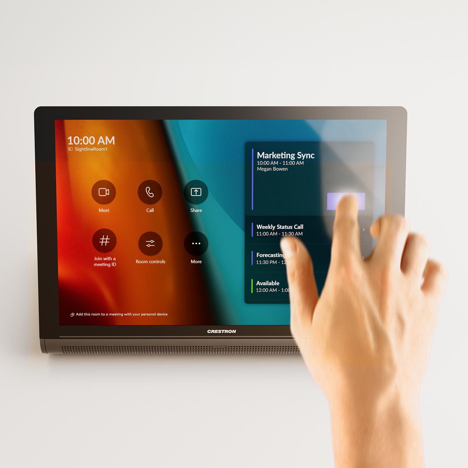 Crestron tabletop touchscreen panel displaying meeting scheduling and control options.