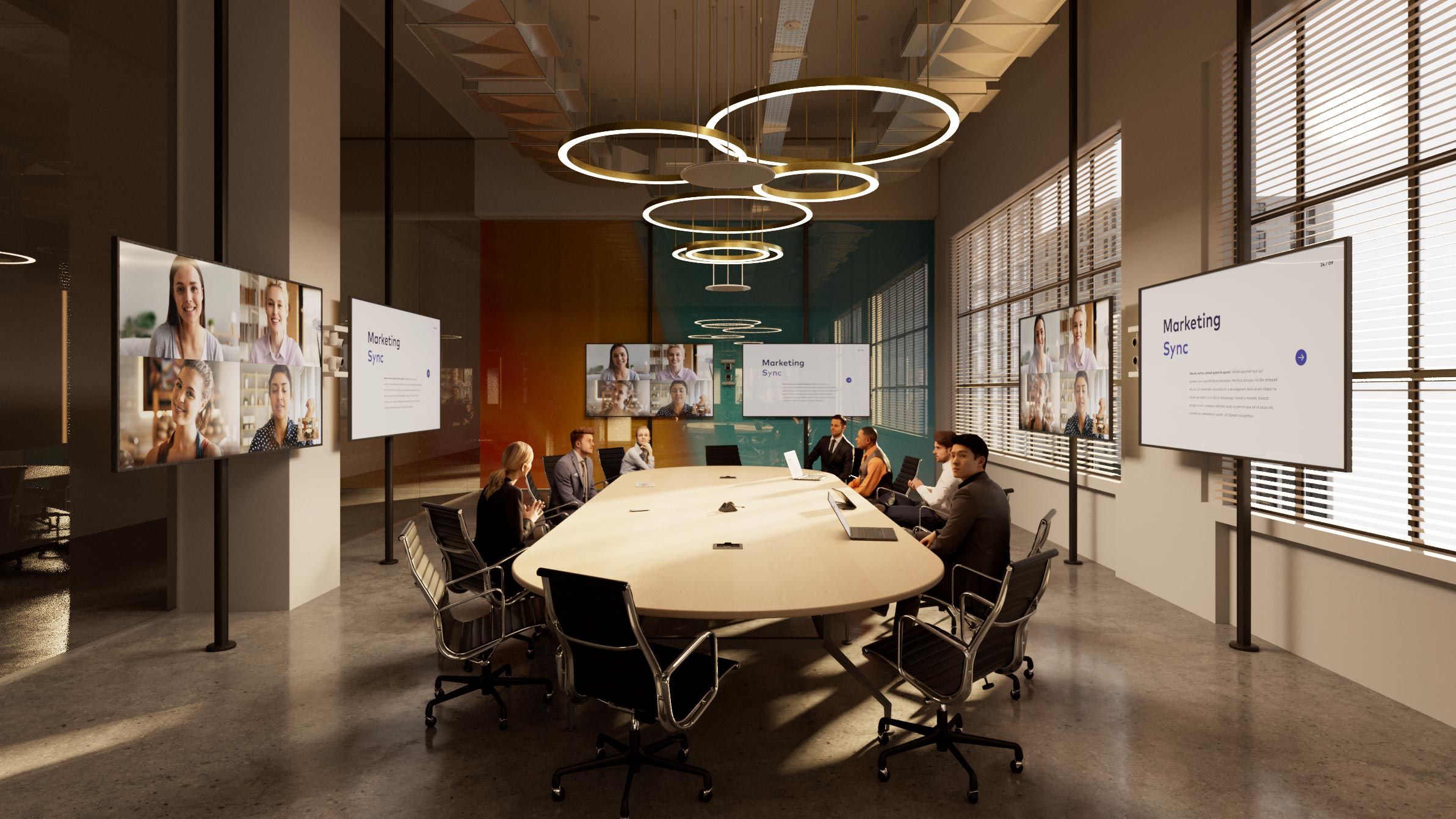 Large conference room with Crestron occupancy sensors and automated lighting control systems.